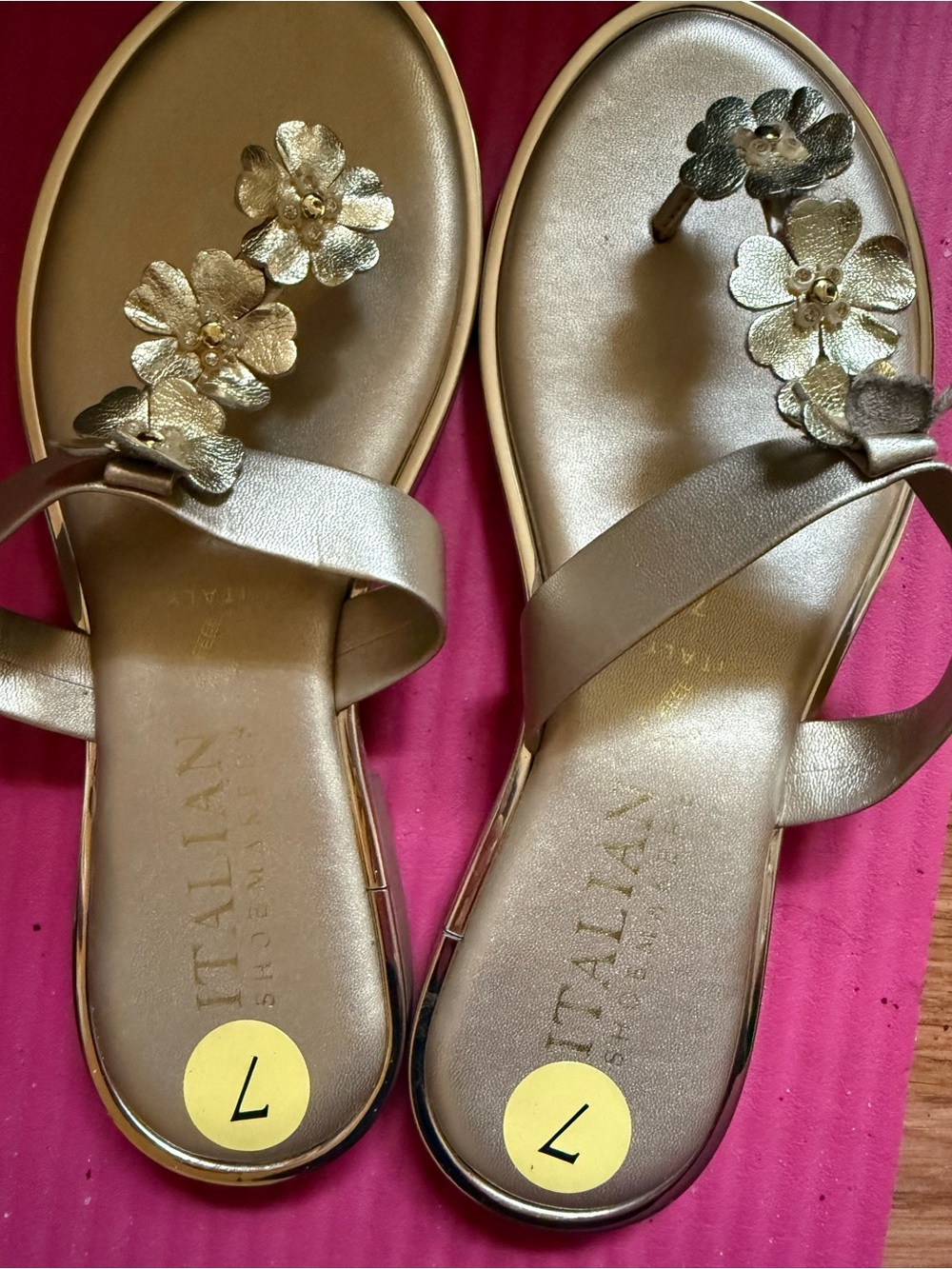 Italian Shoemakers Gold Floral Toe-Post Sandals with Metallic Straps
